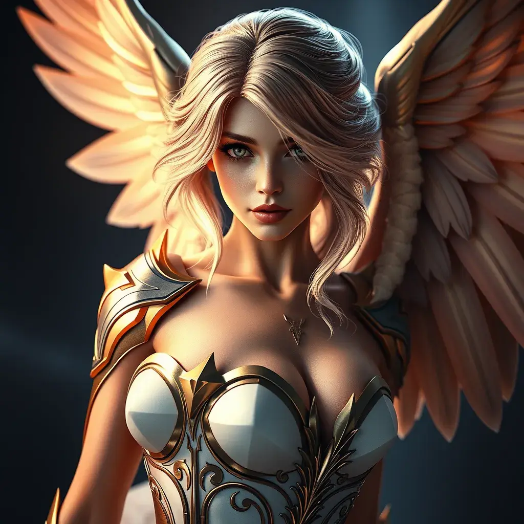 Alluring portrait of a beautiful winged Kayle from League of Legends, 8k, Highly Detailed, Half Body, Photo Realistic, Sharp Focus, Octane Render, Unreal Engine, Volumetric Lighting, Fantasy by Stanley Artgerm Lau, Alphonse Mucha, WLOP