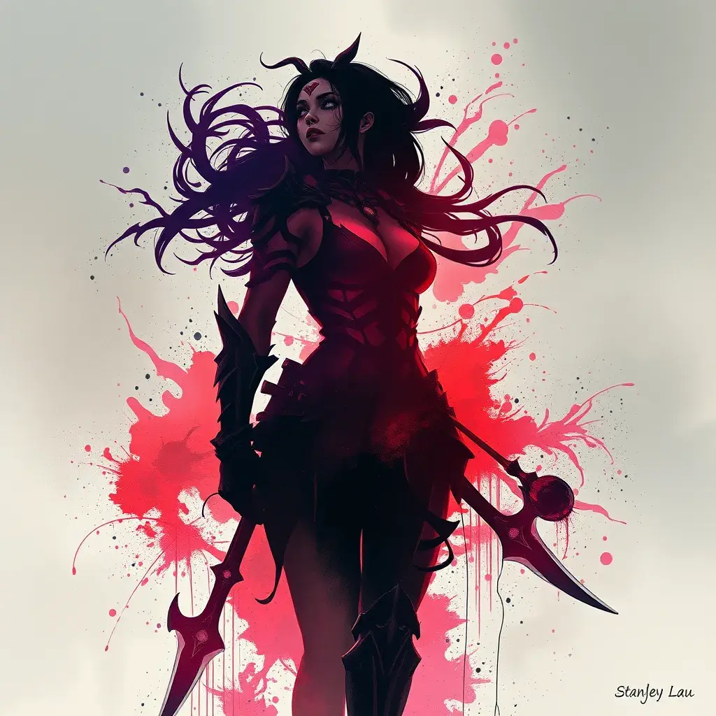 Silhouette of Irelia emerging from the fog of war, ink splash, Highly Detailed, Vibrant Colors, Ink Art, Fantasy, Dark by Stanley Artgerm Lau