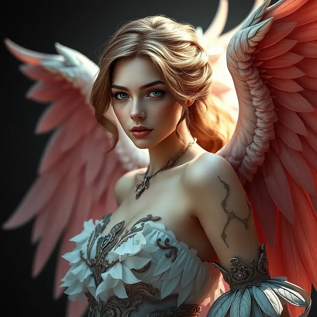 Alluring matte portrait of a beautiful Katarina with wings, 8k, Highly Detailed, Intricate, Half Body, Realistic, Sharp Focus, Volumetric Lighting, Fantasy, Elegant by Stanley Artgerm Lau, Alphonse Mucha, WLOP