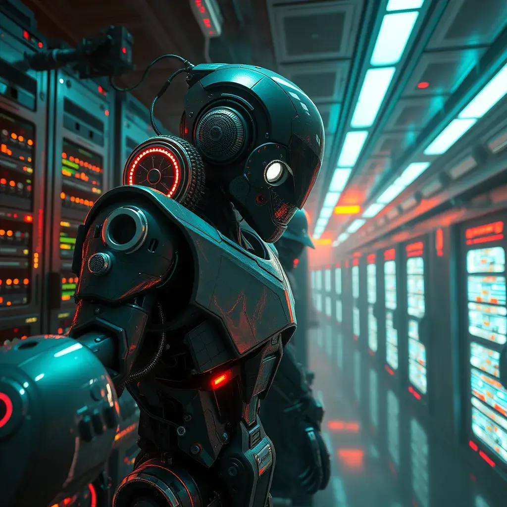 hyperrealism stock photography of highly detailed stylish robot in cyberpunk sci - fi style by gragory crewdson and vincent di fate, mike winkelmann with many details by josan gonzalez working at the highly detailed data center by mike winkelmann and laurie greasley hyperrealism photo on dsmc 3 system rendered in blender and octane render, Atmospheric, Foreboding, Hallucinogenic, Highly Detailed, Intricate Details, Masterpiece, Ultra Detailed, Horror, Post-Apocalyptic, Trending on Artstation, Psychedelic, Retrowave