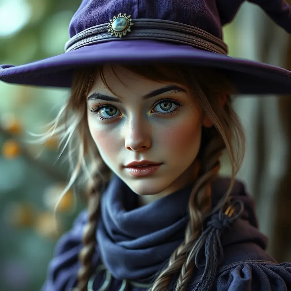 Matte portrait of a beautiful Kiki the witch with a purple hat, 4k resolution, Highly Detailed, Hyper Detailed, Beautiful, Sharp Focus, Fantasy by Stanley Artgerm Lau