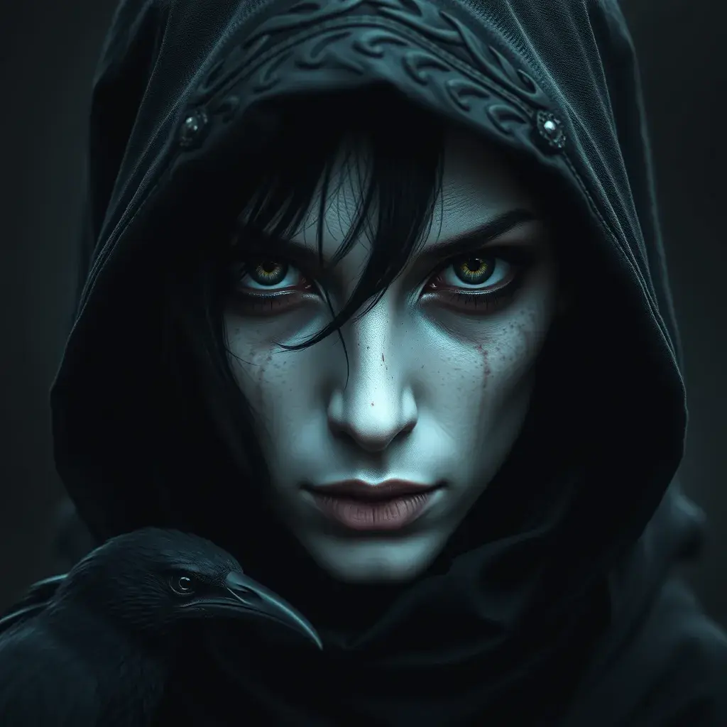 Intricate portrait of a horrifying pale assassin dusk elf, black hair, black eyes, fully covering black hooded armor, ravens, 8k, Gothic and Fantasy, Beautiful, Sci-Fi, Photo Realistic