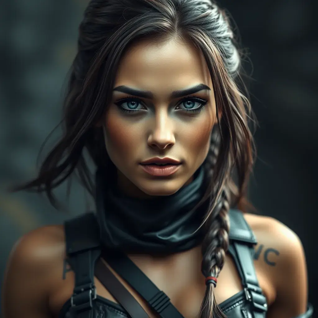 Matte portrait of a beautiful Lara Croft in black leather, 8k, Highly Detailed, Intricate, Realistic, Sharp Focus, Volumetric Lighting, Fantasy, Elegant by Stanley Artgerm Lau, WLOP, Stefan Kostic