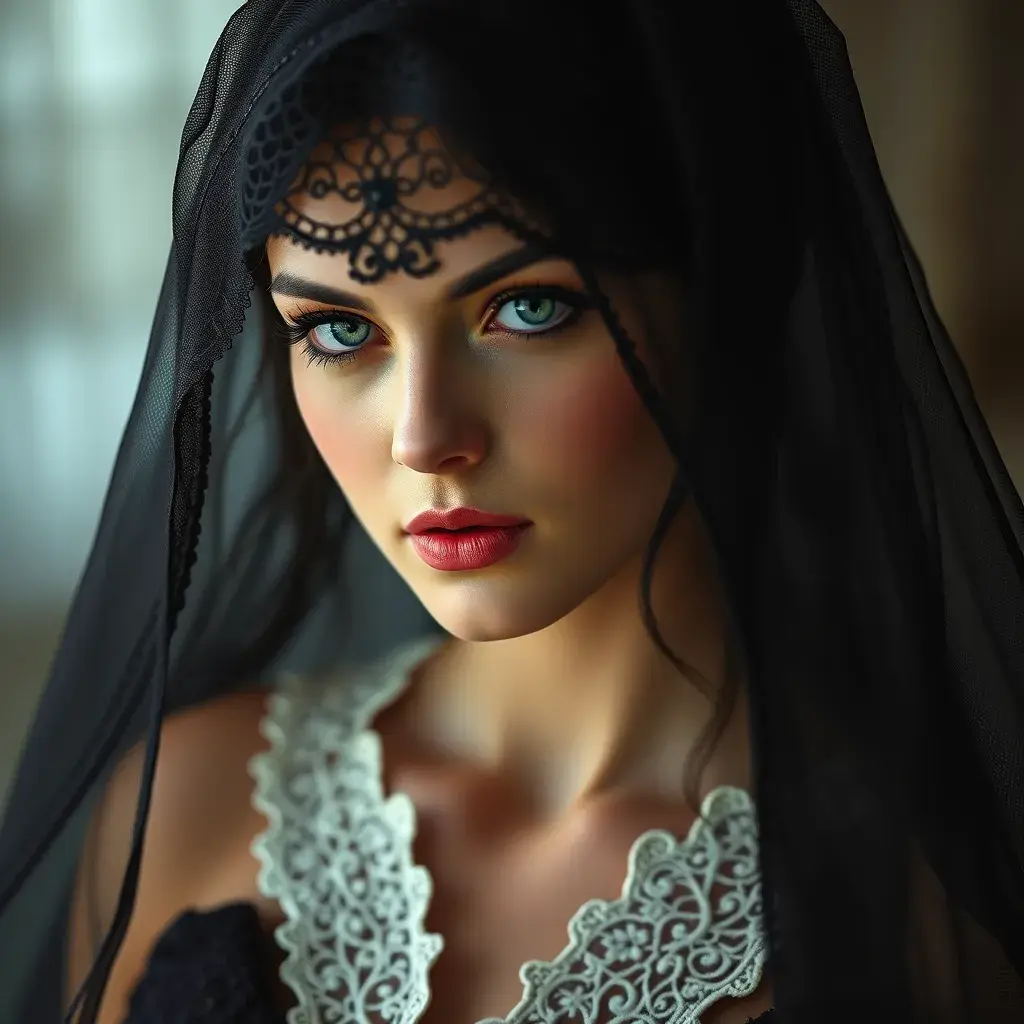 A beautiful veiled Yennefer wearing a lacy black veil, perfect face, Intricate, Half Body, Volumetric Lighting