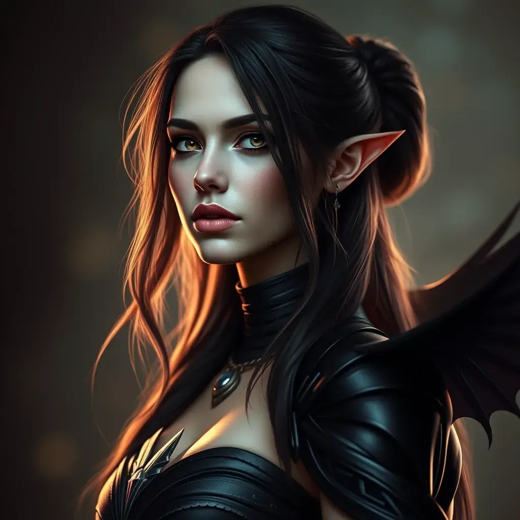 Alluring portrait of a beautiful Morgana from League of Legends in Black, Highly Detailed, Half Body, Bokeh effect, Photo Realistic by Stefan Kostic