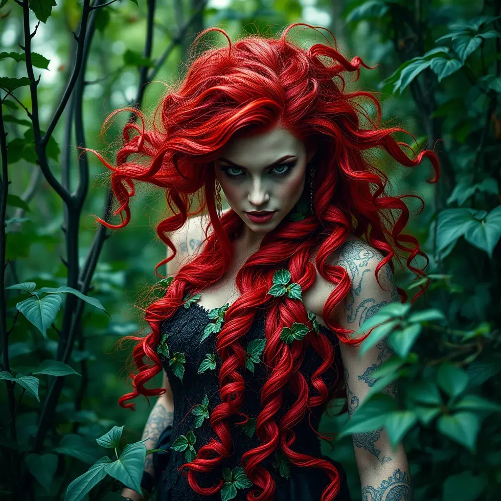 An fierce red headed Poison Ivy in an ivy forest, Intricate, Half Body, Photo Realistic