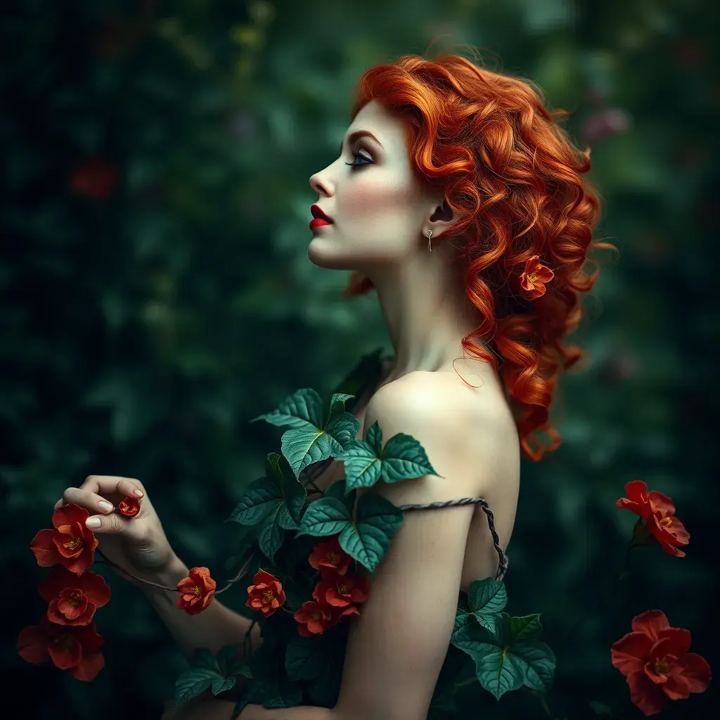 An alluring beautiful red headed Poison Ivy, Intricate, Half Body, Photo Realistic