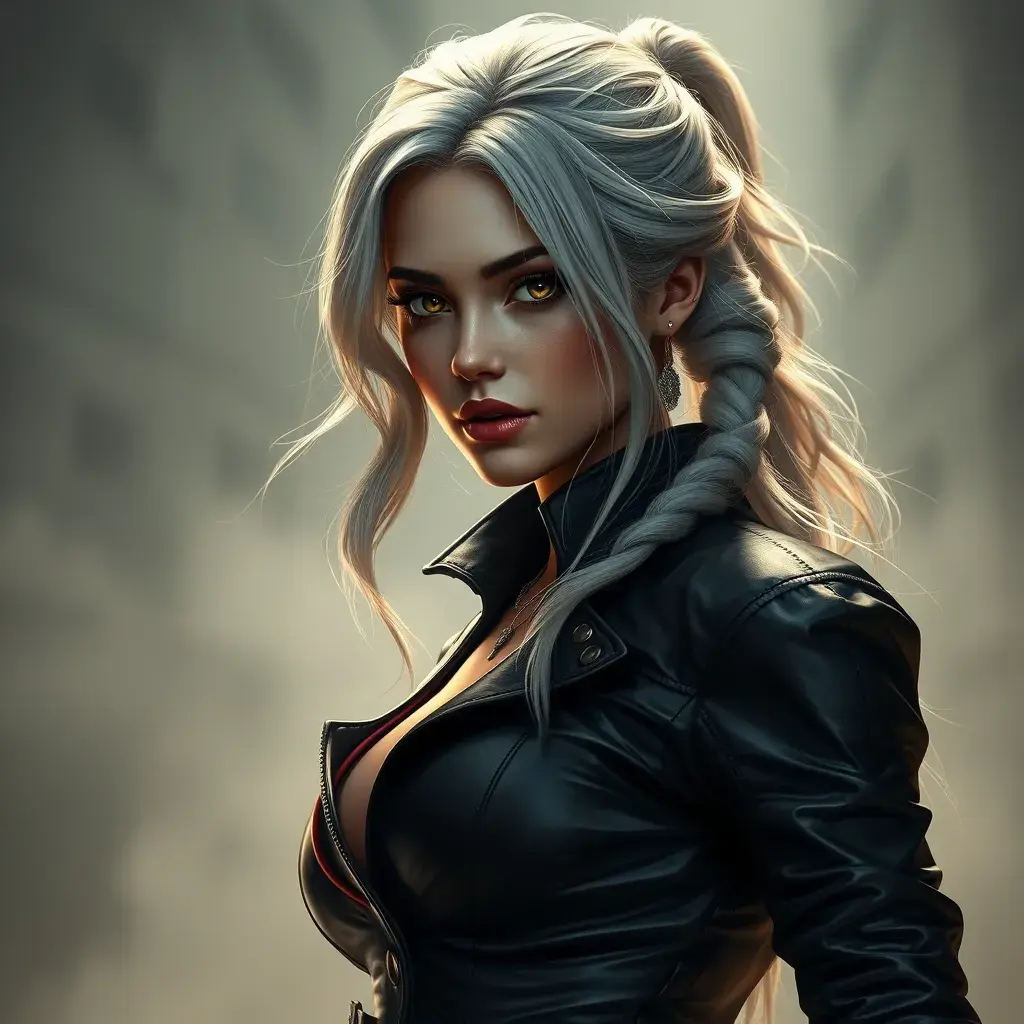 Alluring matte full body portrait of a beautiful Ciri wearing black leather, 8k, Highly Detailed, Intricate, Realistic, Sharp Focus, Volumetric Lighting, Fantasy, Elegant by Stanley Artgerm Lau, WLOP