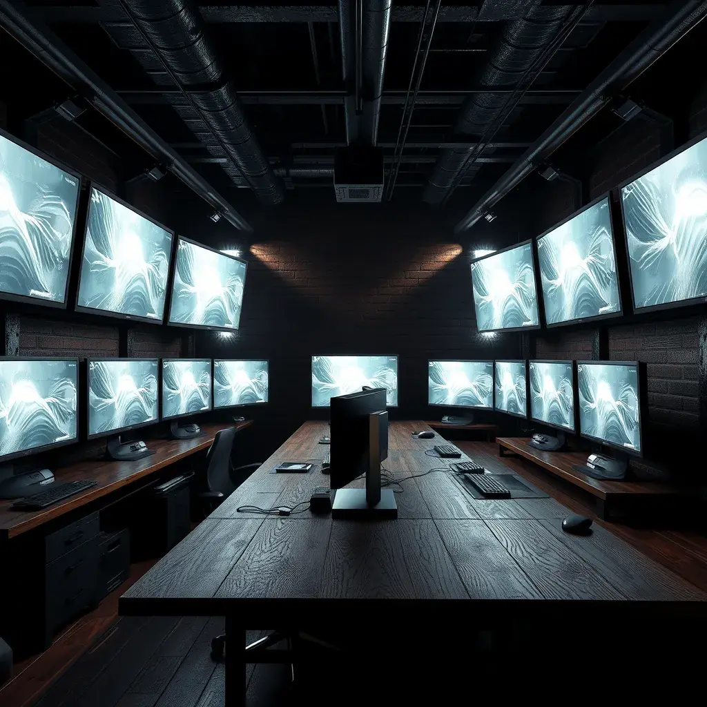 A dark industrial wood desk with many monitors, Photo Realistic, Volumetric light effect, Octane Render, Unreal Engine, Ambient Occlusion, Maximalism, Industrial