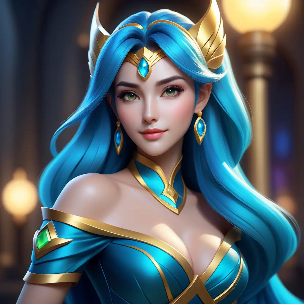 Alluring matte portrait of a beautiful Sona from League of Legends, 8k, Half Body, Realistic, Volumetric Lighting, Fantasy by Stanley Artgerm Lau, WLOP