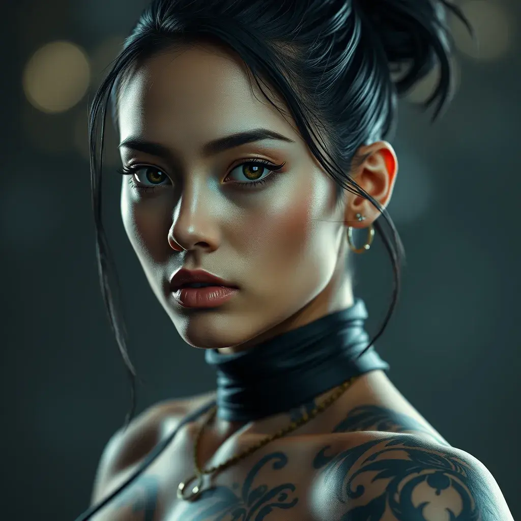 Matte portrait of Cassandra Cain with tattoos, 8k, Highly Detailed, Alluring, Artstation, Bokeh effect, Sharp Focus, Volumetric Lighting, Concept Art by Stanley Artgerm Lau, Greg Rutkowski