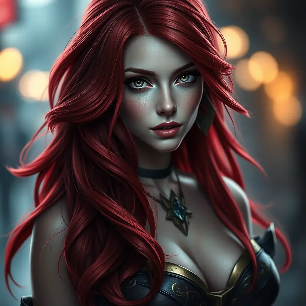 Alluring matte portrait of a beautiful red haired Katarina from League of Legends, Highly Detailed, Full Body, Bokeh effect, Photo Realistic, Sharp Focus by Stefan Kostic