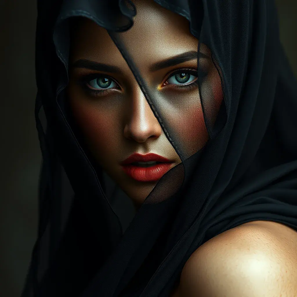 Alluring matte portrait of a beautiful veiled Nidalee wearing a black veil, 8k, Highly Detailed, Intricate, Half Body, Realistic, Sharp Focus, Volumetric Lighting, Fantasy, Elegant by Stanley Artgerm Lau, Alphonse Mucha, WLOP