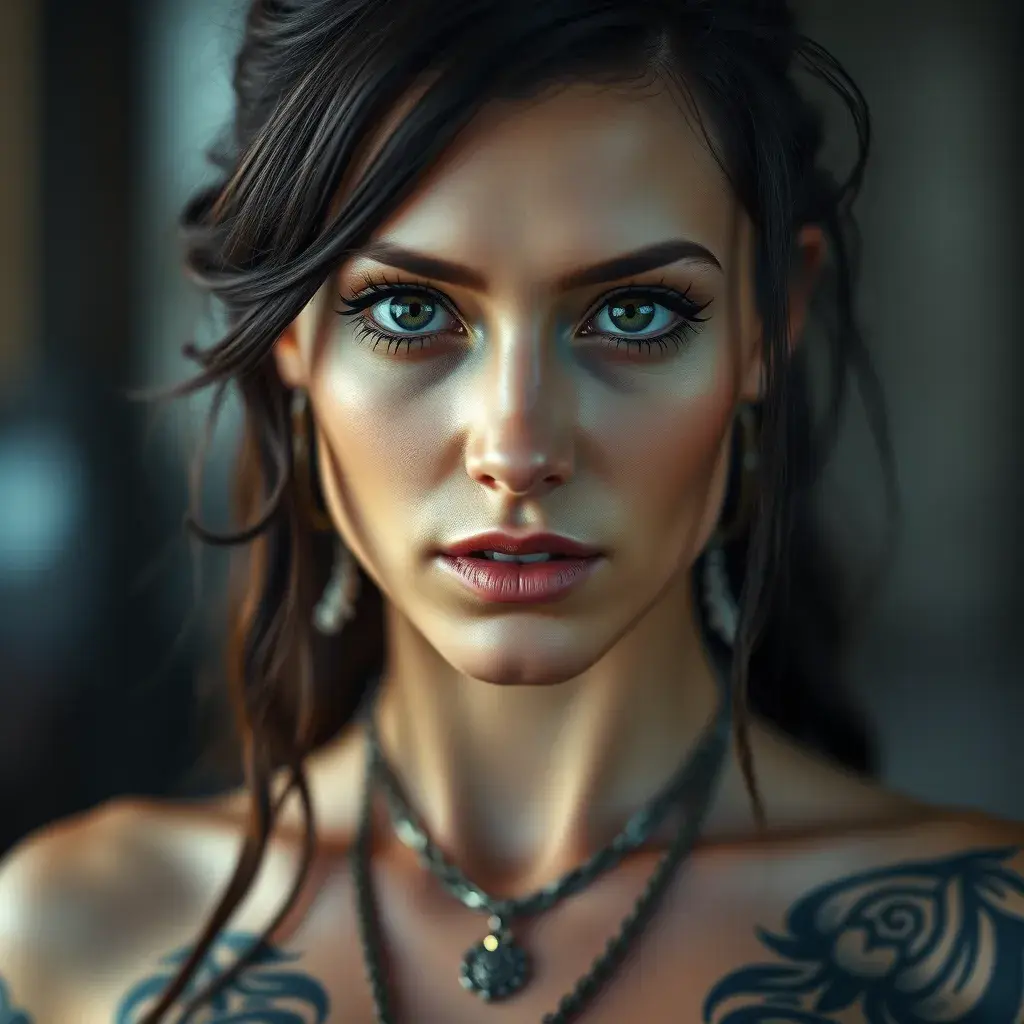 Matte portrait of Morgana with tattoos, Highly Detailed, Alluring, Bokeh effect, Sharp Focus, Volumetric Lighting