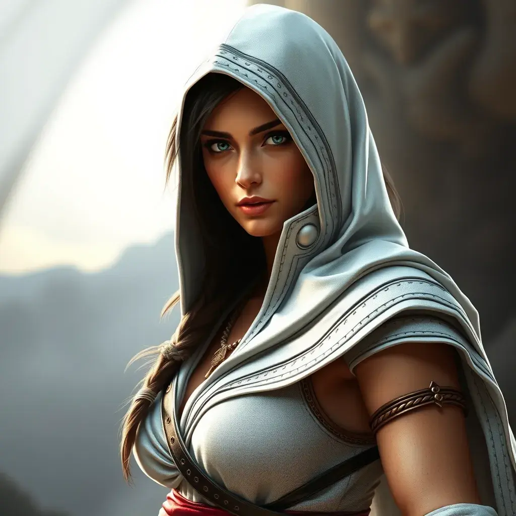 A beautiful Kassandra in white Assassin's Creed style, Highly Detailed, Half Body, Sharp Focus, Volumetric Lighting