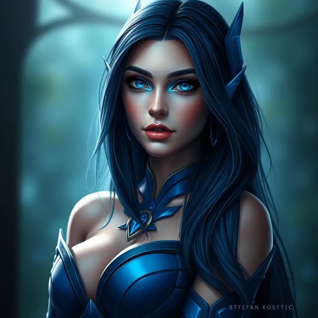 Alluring matte portrait of a beautiful Irelia from League of Legends in Blue, Highly Detailed, Full Body, Bokeh effect, Photo Realistic, Sharp Focus by Stefan Kostic