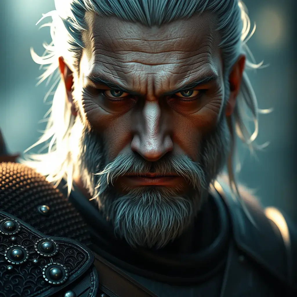 A matte portrait of a strong Geralt in The Witcher 3 style armor, 4k, Highly Detailed, Beautiful, Cinematic Lighting, Sharp Focus, Volumetric Lighting, Closeup Portrait, Concept Art by Stefan Kostic