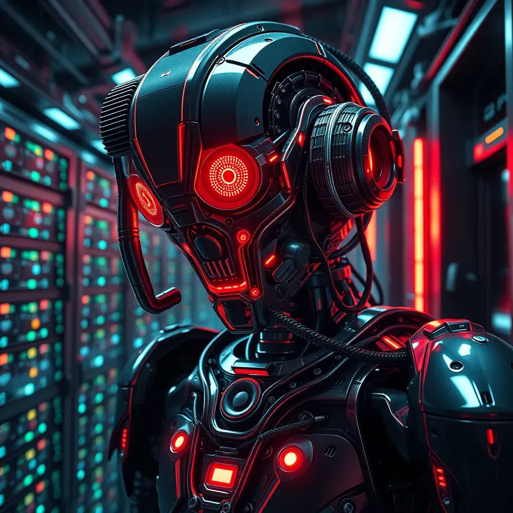 hyperrealism stock photography of highly detailed stylish robot in cyberpunk sci - fi style by gragory crewdson and vincent di fate, mike winkelmann with many details by josan gonzalez working at the highly detailed data center by mike winkelmann and laurie greasley hyperrealism photo on dsmc 3 system rendered in blender and octane render, Atmospheric, Foreboding, Hallucinogenic, Highly Detailed, Intricate Details, Masterpiece, Ultra Detailed, Horror, Post-Apocalyptic, Trending on Artstation, Psychedelic, Retrowave