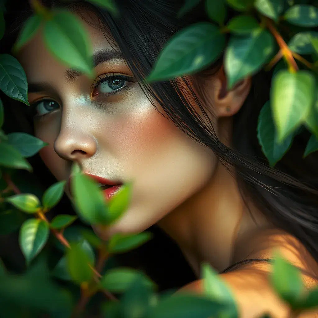 Closeup of a gorgeous female in foliage and the style of stefan kostic, 8k, High Definition, Digital Illustration, Bokeh effect, Photo Realistic, Sharp Focus by Stanley Artgerm Lau