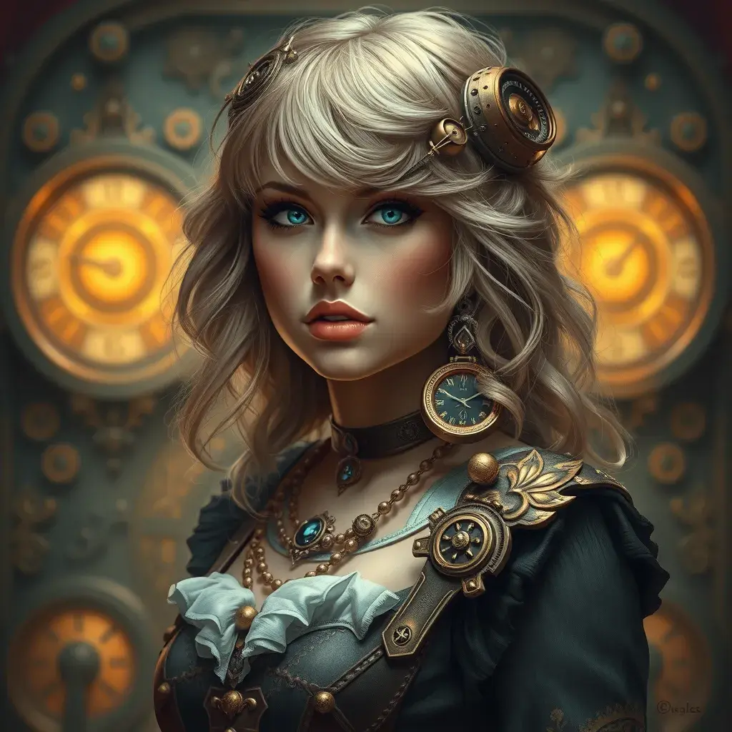 Steampunk portrait of Taylor Swift, Highly Detailed, Intricate, Artstation, Beautiful, Digital Painting, Sharp Focus, Concept Art, Elegant