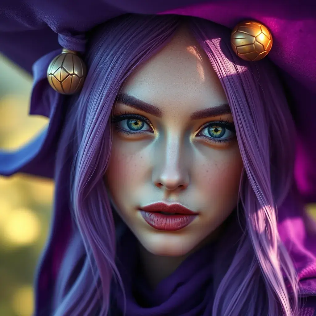 Alluring portrait of a beautiful Kiki the witch with a purple hat, 4k resolution, Highly Detailed, Hyper Detailed, Beautiful, Sharp Focus, Fantasy by Stanley Artgerm Lau