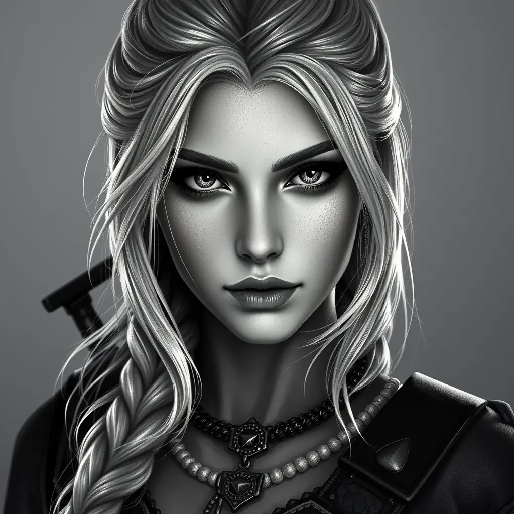 Black and White matte portrait of a beautiful Ciri from the Witcher 3, Highly Detailed, Beautiful, Glamour Shot, Elegant