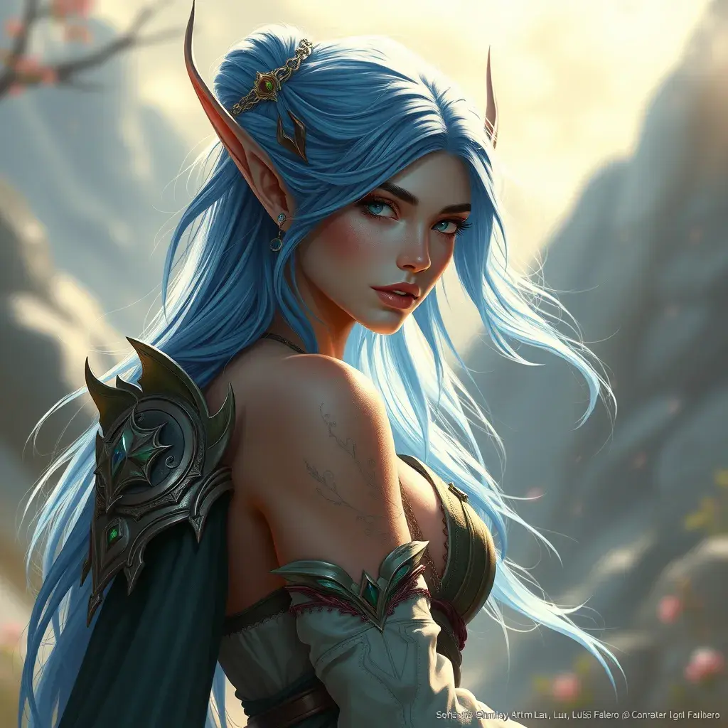 D&D concept art of gorgeous elven woman with blue hair in the style of Stefan Kostic, 8k, High Definition, Highly Detailed, Intricate, Half Body, Realistic, Sharp Focus, Fantasy, Elegant by Stanley Artgerm Lau, Luis Ricardo Falero