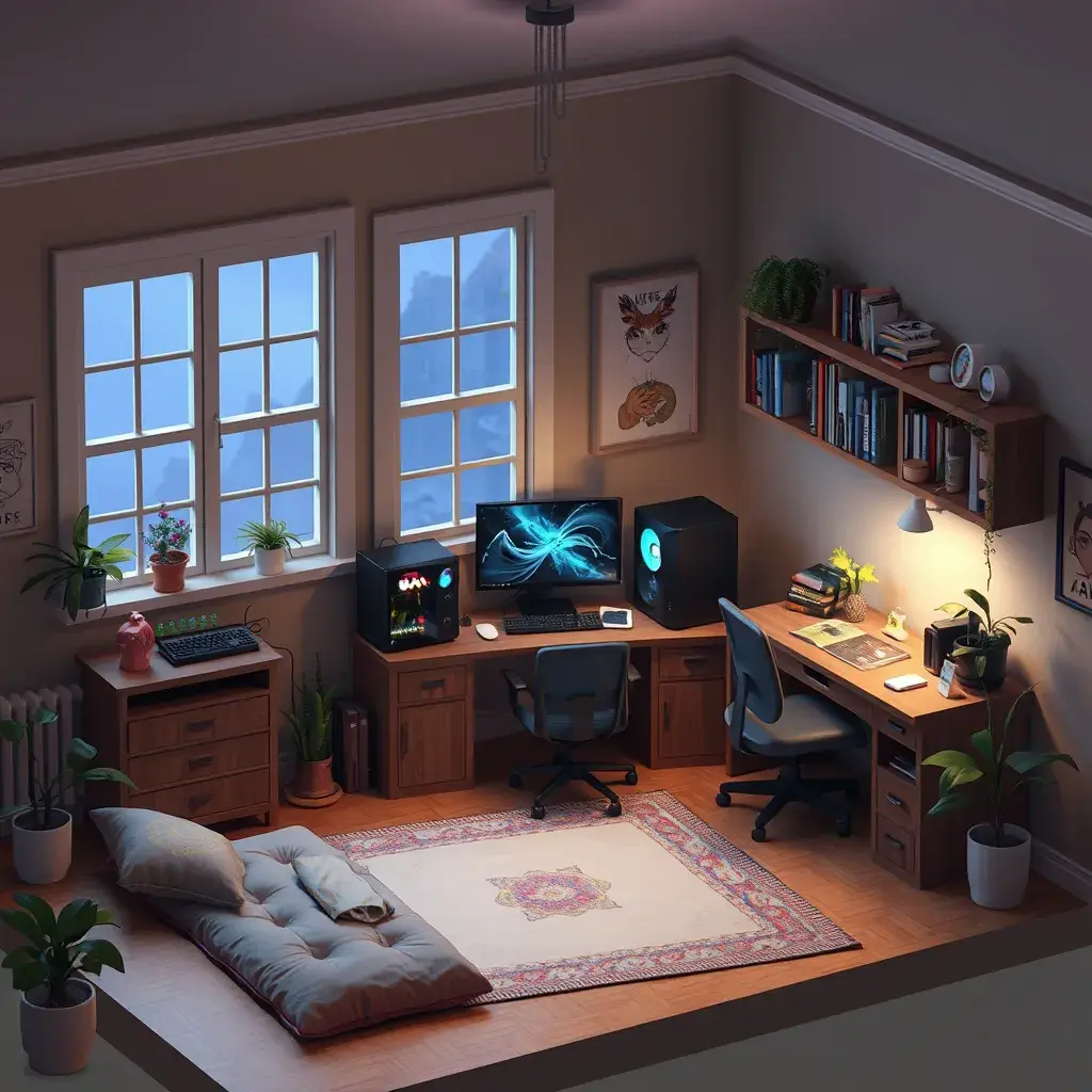 Nostalgic bedroom with a gaming pc, windows, plants bookshelves, desk, 3d art, muted colors, perfect lighting, night time, Highly Detailed, Behance, Isometric, 3D Rendering, Concept Art by Greg Rutkowski