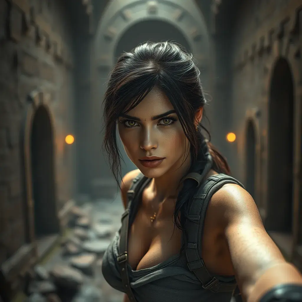 Matte portrait of a beautiful Lara Croft exploring an ancient ruin, 8k, Highly Detailed, Intricate, Realistic, Sharp Focus, Volumetric Lighting, Fantasy, Elegant by Stanley Artgerm Lau, WLOP, Stefan Kostic