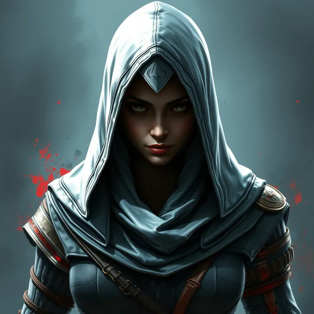 White hooded female assassin from Assassin's Creed, Highly Detailed, Unreal Engine, Volumetric Lighting, Vibrant Colors, Ink Art, Fantasy, Dark by Peter Mohrbacher