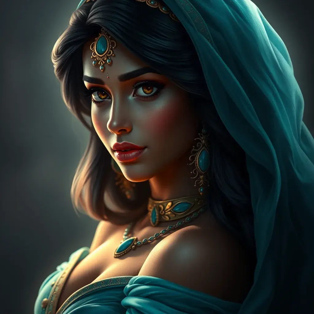 Alluring matte portrait of Princess Jasmine, HD, Highly Detailed, HQ, Hyper Detailed, Intricate Artwork, Ultra Detailed, Digital Painting, Matte Painting, Realistic, Sharp Focus, Dim light, Fantasy