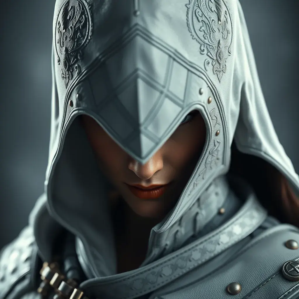 Alluring matte portrait of a fierce looking Kassandra in white Assassin's Creed armor, 8k, Highly Detailed, Intricate, Half Body, Realistic, Sharp Focus, Volumetric Lighting, Fantasy, Elegant