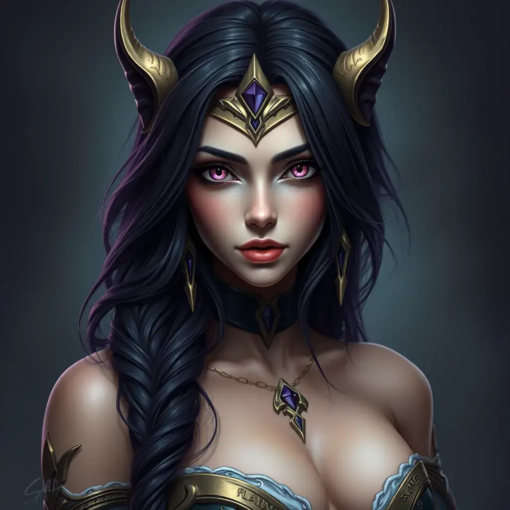 Alluring matte portrait of a beautiful Morgana from League of Legends in the style of Stefan Kostic, 8k, High Definition, Highly Detailed, Intricate, Half Body, Realistic, Sharp Focus, Fantasy, Elegant