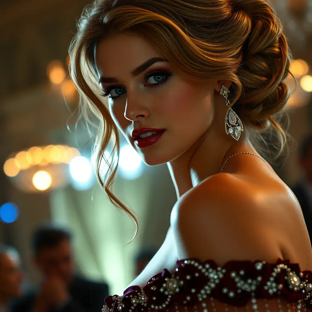 Close up of a stunningly beautiful woman at a ball, Half Body, Photo Realistic