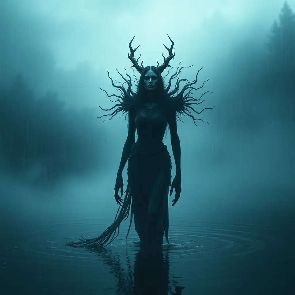 The frightening La Yorona with black eyes on her shoulder stands in a dark lake. Mist. Rain., 8k, HD, Gothic and Fantasy, Trending on Artstation, Sci-Fi, Soft Lighting