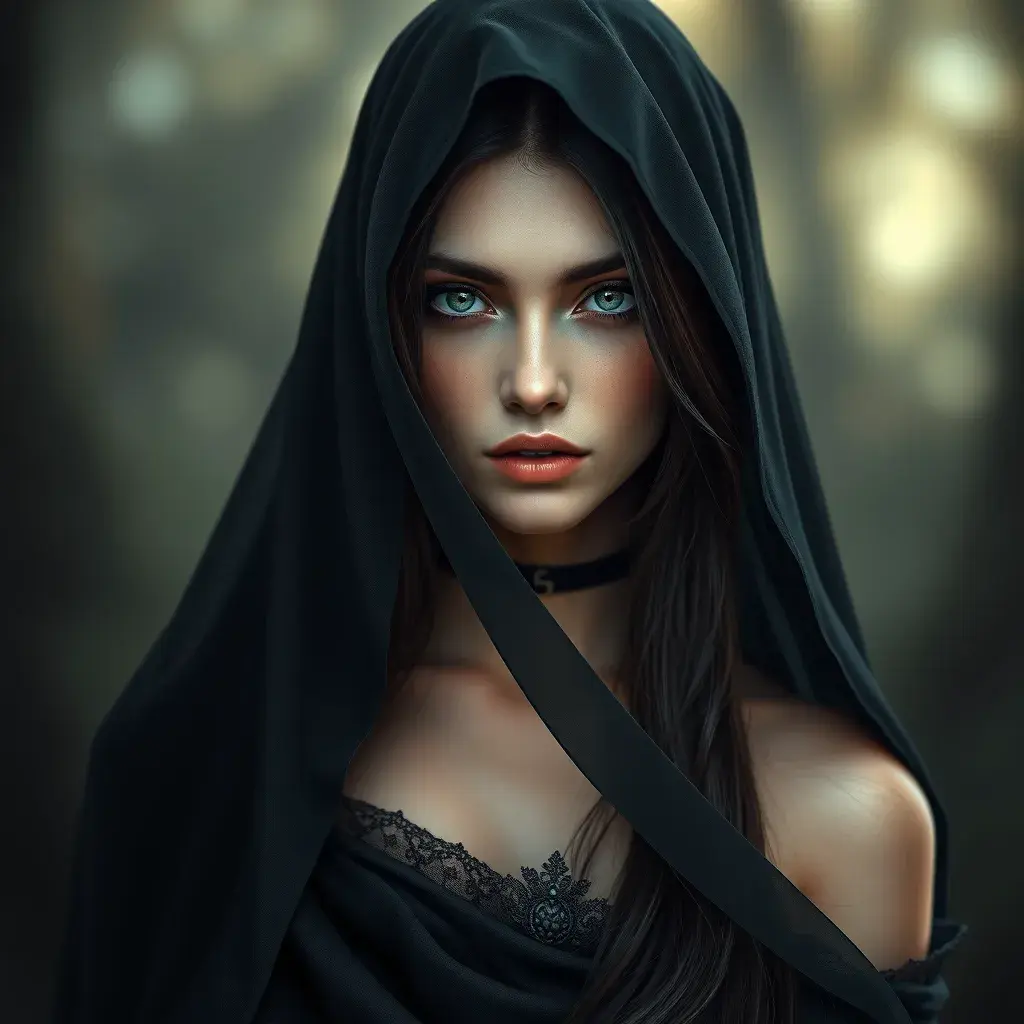 Alluring matte portrait of a beautiful veiled Yennefer wearing a black veil with long straight hair, 8k, Highly Detailed, Intricate, Half Body, Realistic, Sharp Focus, Volumetric Lighting, Fantasy, Elegant by Stanley Artgerm Lau, Alphonse Mucha, WLOP