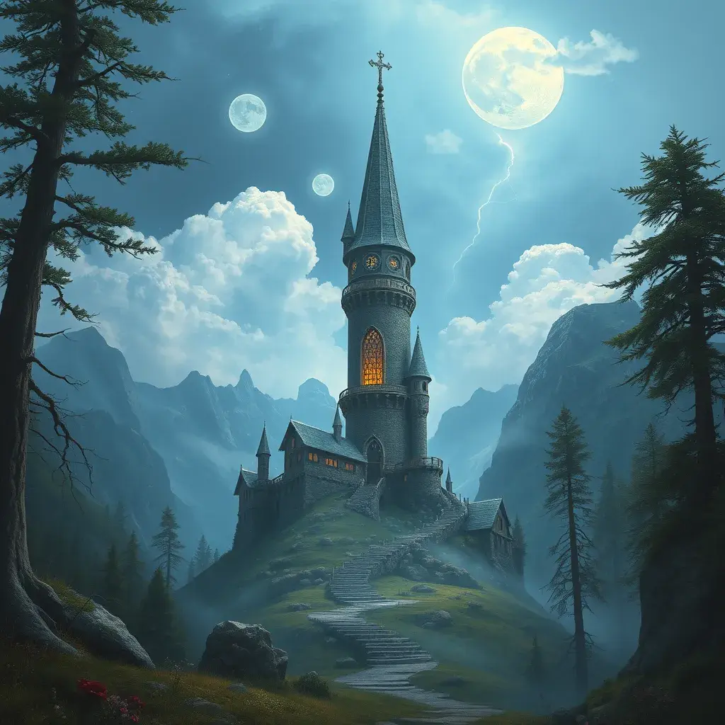 Wizard's tower in fantasy landscape, Magical, Fantasy