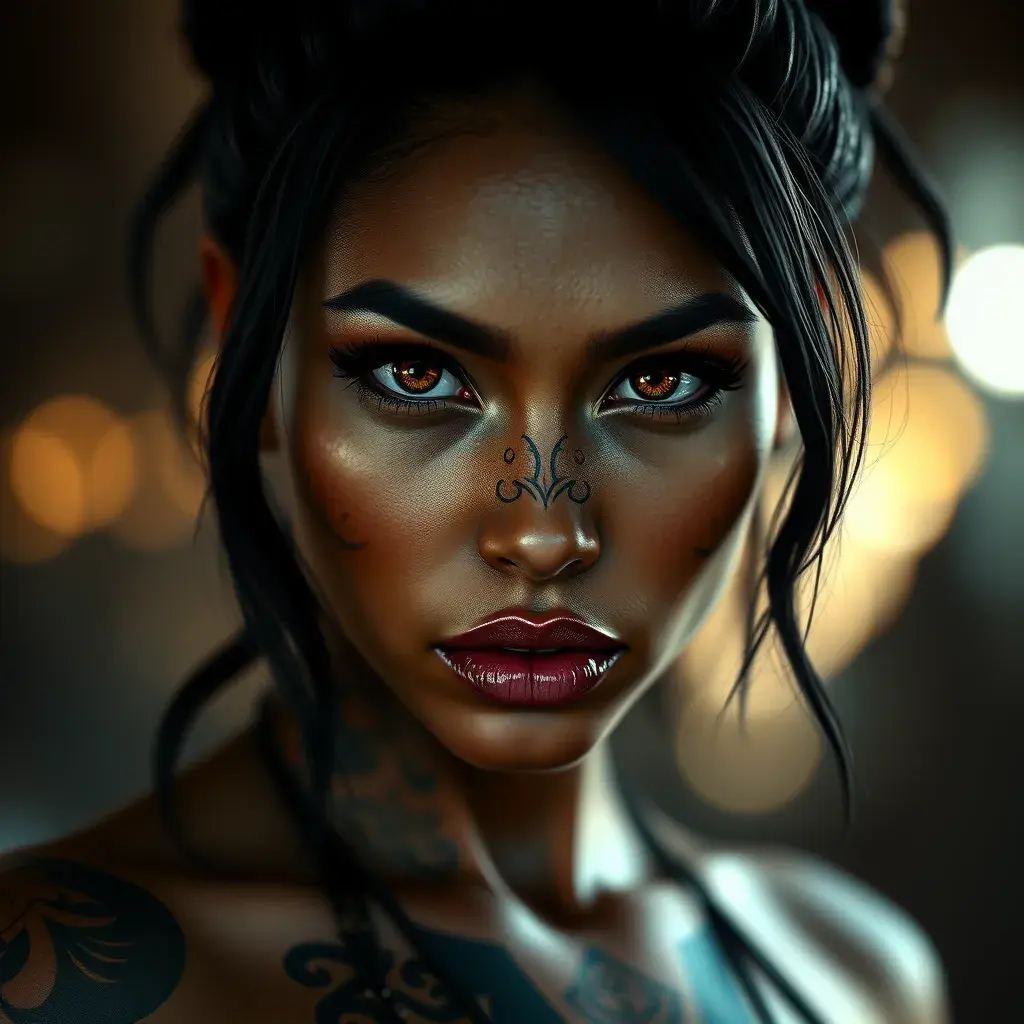 Matte portrait of Nidalee with tattoos, Highly Detailed, Alluring, Bokeh effect, Photo Realistic, Sharp Focus, Volumetric Lighting