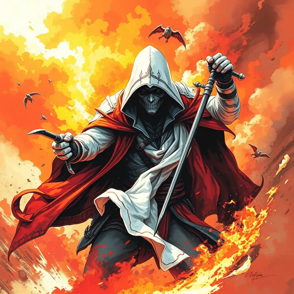 White Assassin emerging from a firey fog of battle, Highly Detailed, Vibrant Colors, Ink Art, Fantasy, Dark by Stanley Artgerm Lau