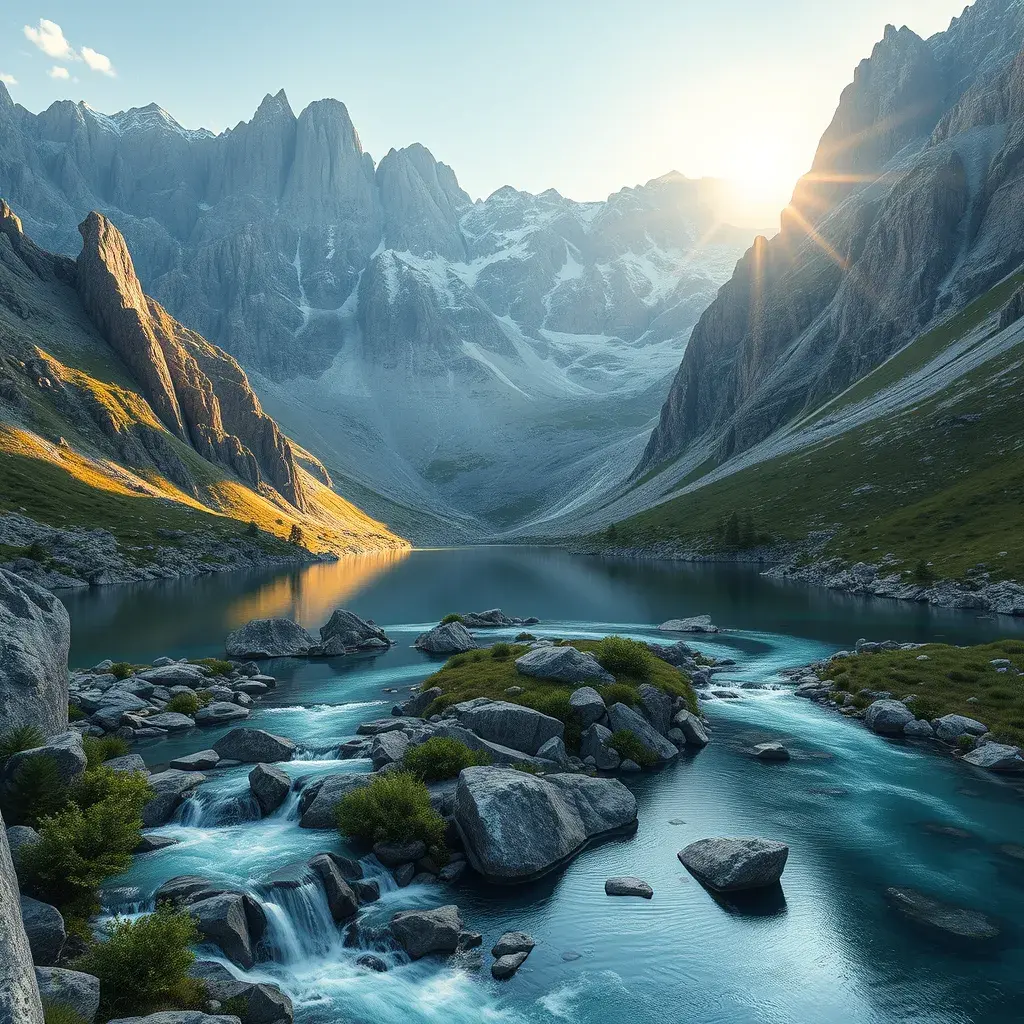 Lake in mountains streams and rivers flow down slopes of mountains and rocks into the valley spring in mountains, 8k, Award-Winning, Highly Detailed, Beautiful, Octane Render, Unreal Engine, Radiant, Volumetric Lighting by Greg Rutkowski