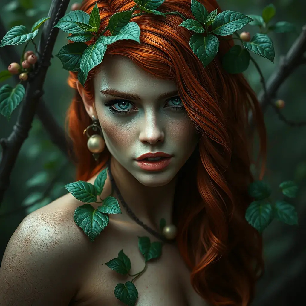 Alluring half body portrait of Poison Ivy in the style of Stefan Kostic, 8k, Highly Detailed, Intricate, Half Body, Matte Painting, Realistic, Sharp Focus, Fantasy by Greg Rutkowski