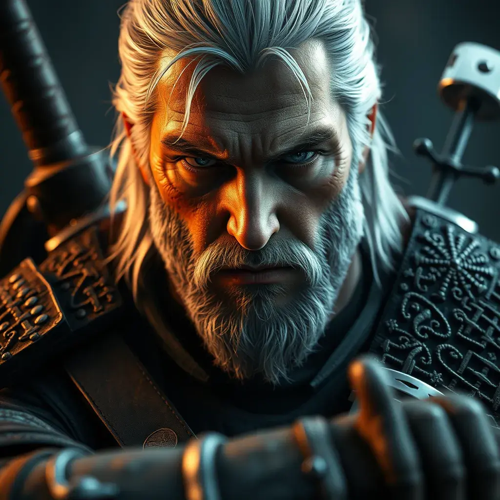 Heavily armed Geralt in The Witcher 3 style, 4k, Highly Detailed, Beautiful, Cinematic Lighting, Sharp Focus, Volumetric Lighting, Closeup Portrait, Concept Art