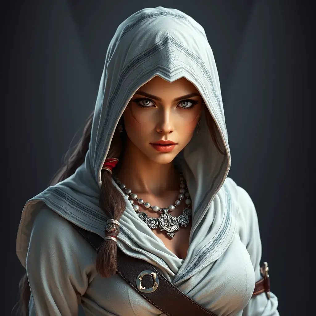 A beautiful Kassandra in white Assassin's Creed style, 8k, Highly Detailed, Intricate, Half Body, Realistic, Sharp Focus, Volumetric Lighting, Fantasy, Elegant