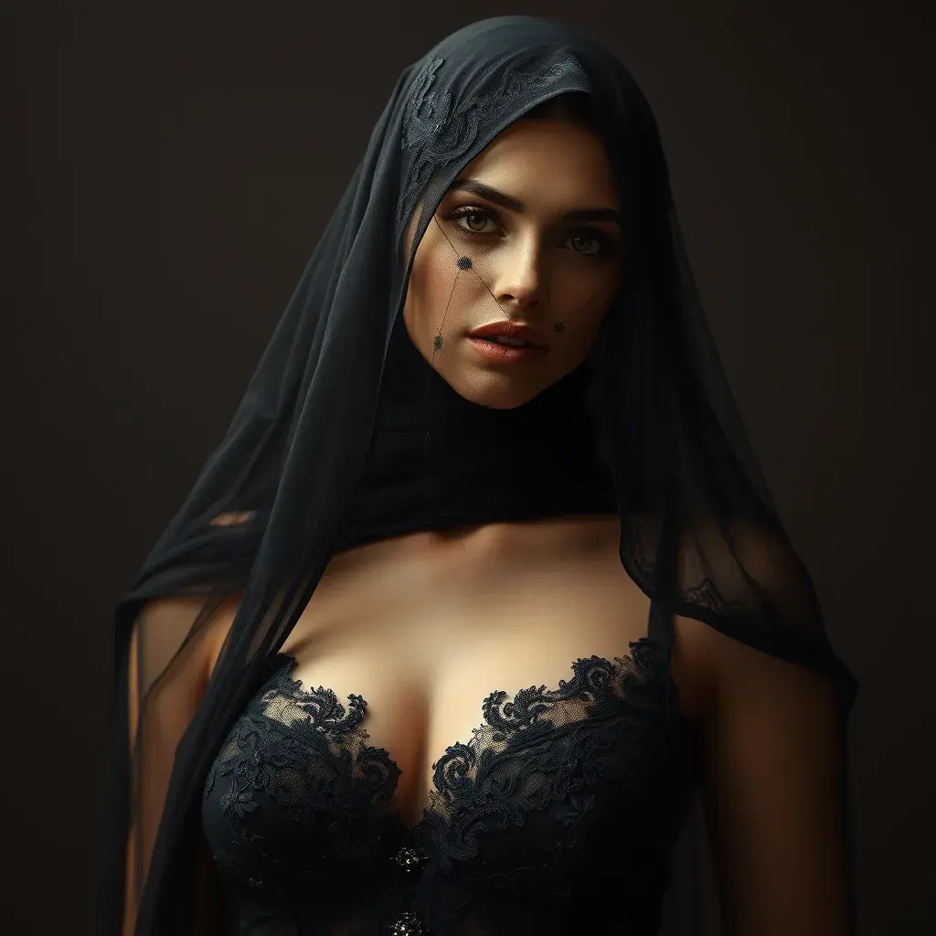 An alluring beautiful veiled Kassandra wearing a black veil, Intricate, Half Body, Volumetric Lighting, Elegant