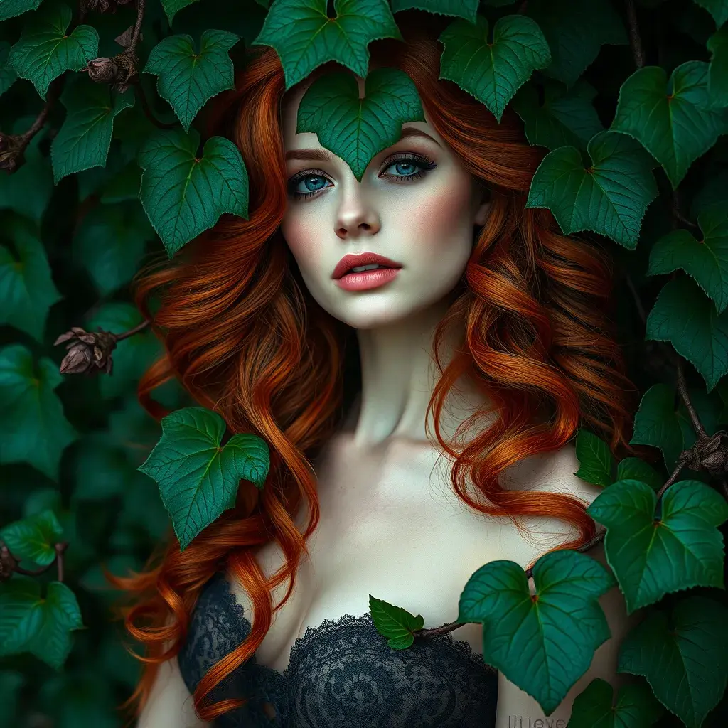 An alluring portrait of a beautiful red headed Poison Ivy, Intricate, Full Body, Photo Realistic