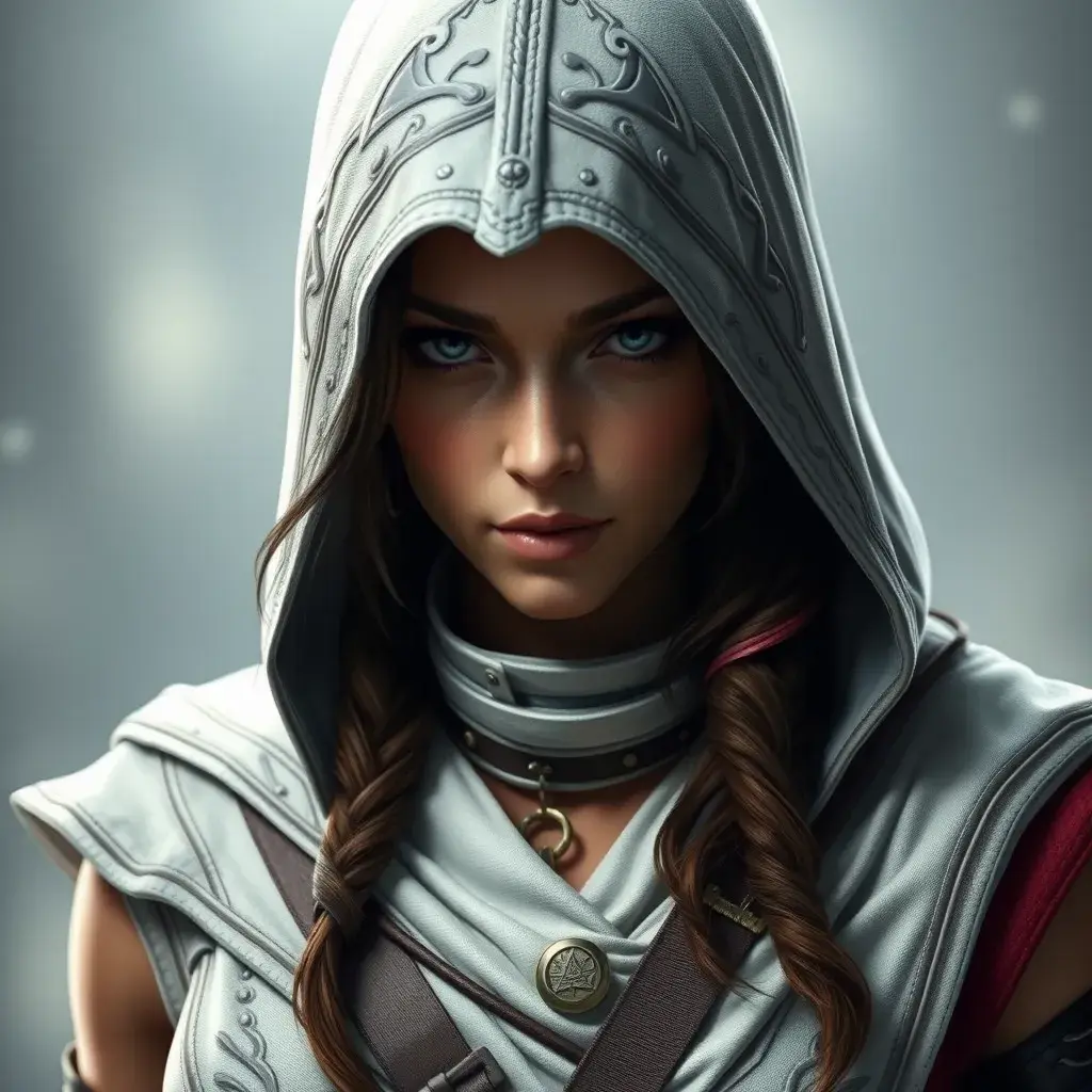 A beautiful Kassandra in white Assassin's Creed style, Highly Detailed, Half Body, Sharp Focus, Volumetric Lighting