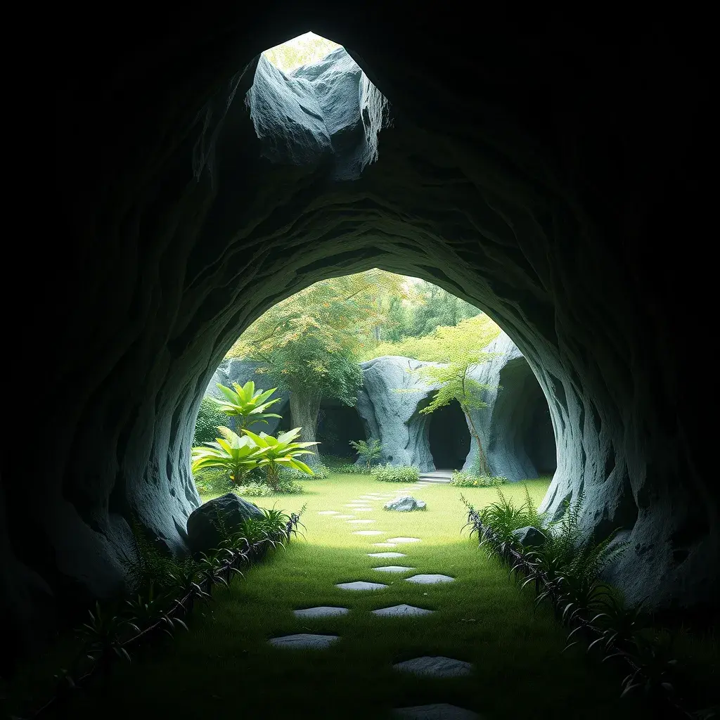 Arc hallway for secret overwatch habitation quarters carved inside a cave surrounding a lush garden, 8k, Trending on Artstation, Minimalism, Unimaginable Beauty, Sharp Focus, 3D Rendering, Unreal Engine, Natural Light, Concept Art, Naturalism