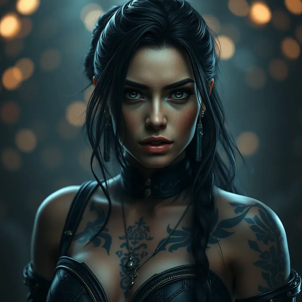 Matte portrait of Yennefer with tattoos, 8k, Highly Detailed, Alluring, Artstation, Bokeh effect, Sharp Focus, Volumetric Lighting, Concept Art by Stanley Artgerm Lau, Greg Rutkowski