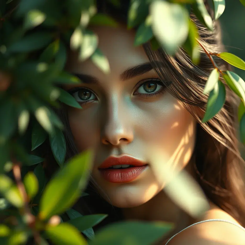 Closeup of a gorgeous female in foliage and the style of stefan kostic, 8k, High Definition, Digital Illustration, Bokeh effect, Photo Realistic, Sharp Focus by Stanley Artgerm Lau