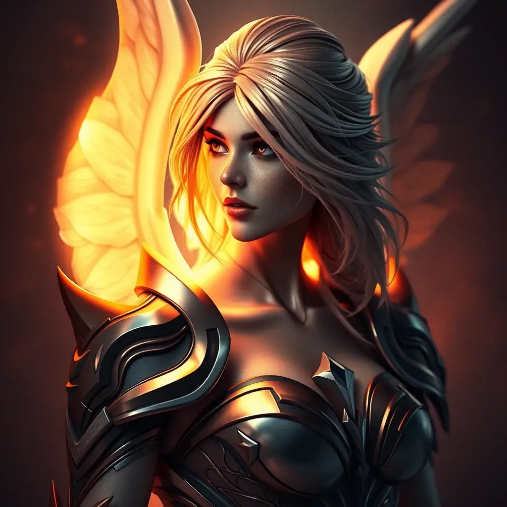 Alluring portrait of an angelic winged Kayle from League of Legends, Highly Detailed, Half Body, Photo Realistic, Sharp Focus, Octane Render, Unreal Engine, Volumetric Lighting, Fantasy